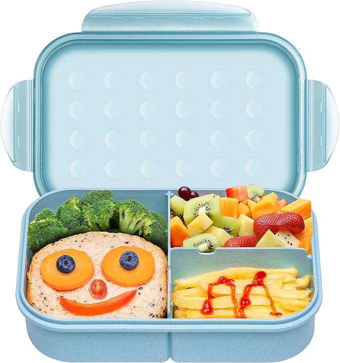 Wheat Straw Bento Box, BPA-Free Lunch Box for Kids & Adults - Leakproof 3-Compartment Lunch Containers with Utensil, Microwave/Dishwasher Safe, 5.5 Cup Blue