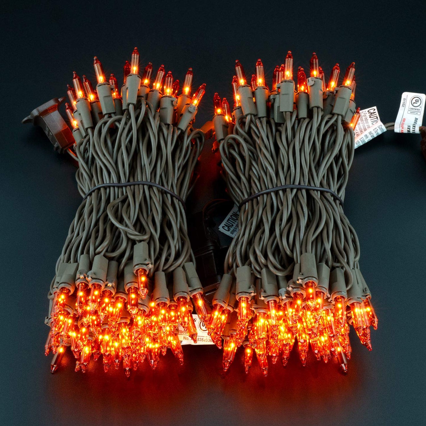Yuletime 66 Ft Orange Christmas Lights, 200 Count Mini String Lights, Ul Certified, Amber Incandescent, Brown Wire, Pack Of 2