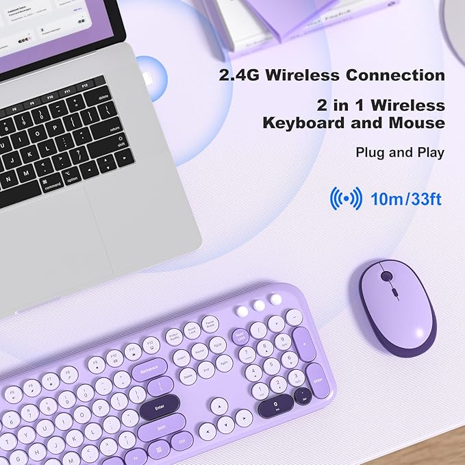 MOFII Wireless Keyboard and Mouse Combo, 2.4GHz Retro Typewriter Keyboard Full Size and Silent Mouse, 2-in-1 USB Receiver Plug and Play, for Laptop, PC, Desktop, Windows (Violet)