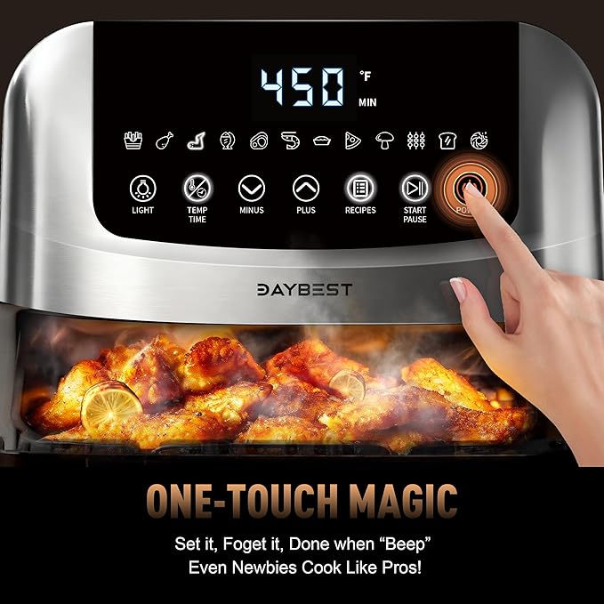 6QT Stainless Steel Air Fryer Ceramic 12 in 1, Dual-Blazes in Metal Housing, 2-3 Servings Visible 8.27" Basket with Teflon-Free Premium Coating, 1700W, DAYBEST Dishwasher Safe Kits (Silver)