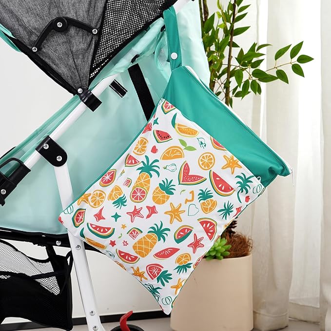 2pcs Wet Bags Waterproof Reusable Wet Dry Bag with Two Zippered Pockets Travel Beach Pool Daycare Yoga Gym Bag for Baby Cloth Diaper,Swimsuits,Wet Clothes (Flowers & Fruits)