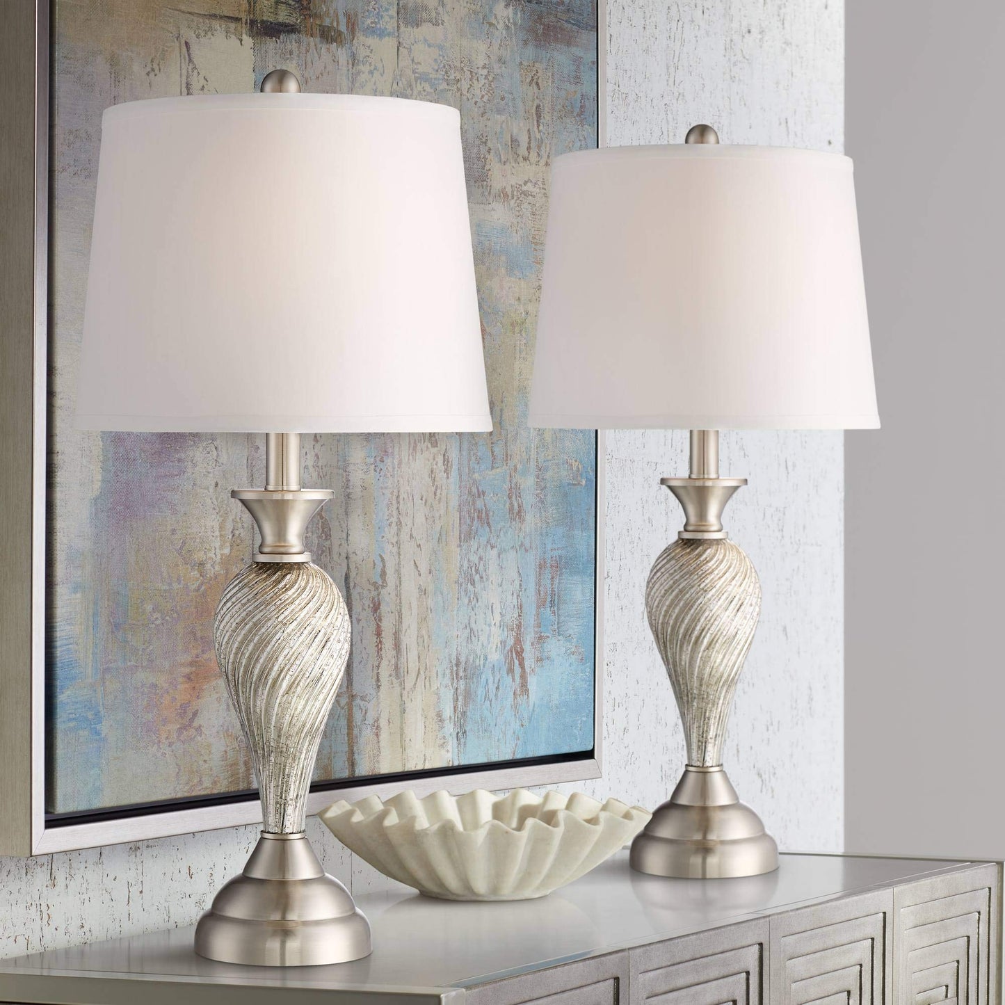 Regency Hill Table Lamps Set Of 2, 25 High Silver Mercury Glass With White Hardback Shade For Living Room, Bedroom, Home Office