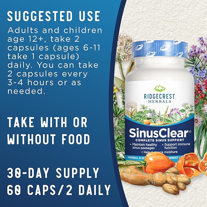 RidgeCrest Herbals SinusClear, Complete Formula for Sinus and Nasal Health with Mullein Leaf, Bromelain, Vitamin C, and Zinc, for Healthy Mucus, Immune & Respiratory Support, (60 Veg Caps, 30 Serv)