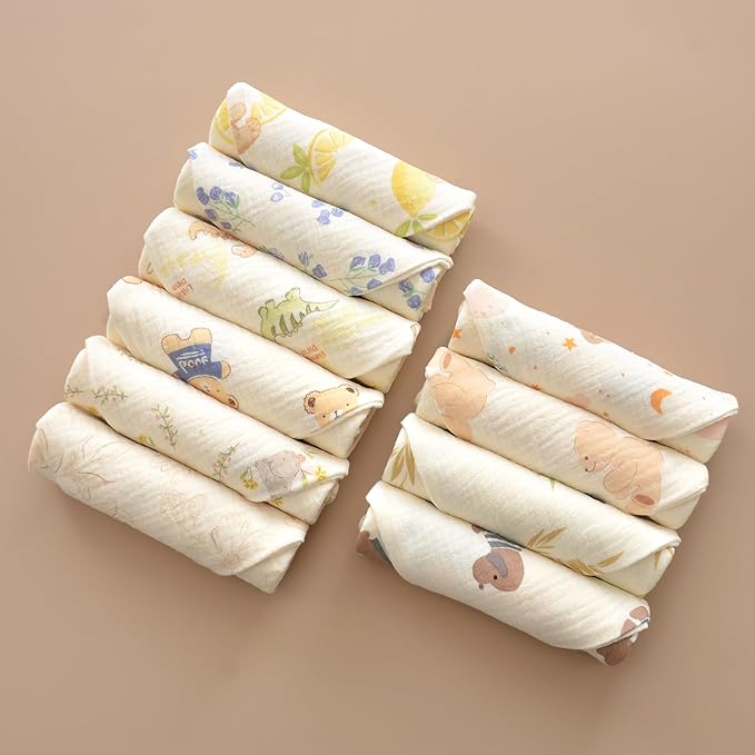 Baby washcloths,Soft Newborn Face Towels for Sensitive Skin,Cute Patterns for Infant,Toddler,Kids and Makeup Remover, 10 Pack 12x12 inches Registry as Shower (Animals)