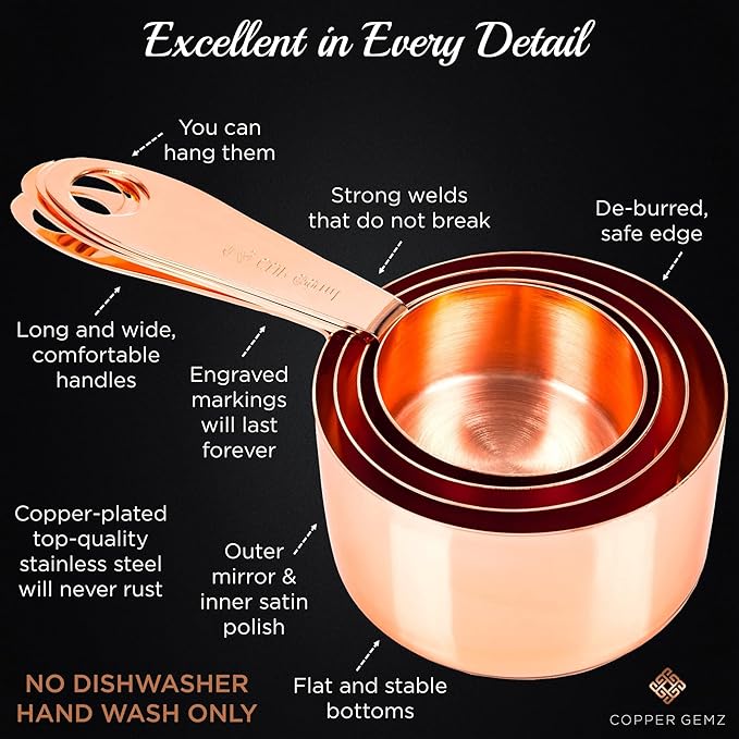 Copper Measuring Cups and Spoons Set of 9 - Premium Gift Packaging + Cooking Conversions Chart. Extra Sturdy Stainless Steel with Copper Finish, Satin and Mirror Polish. Gift Under 25 Dollars.