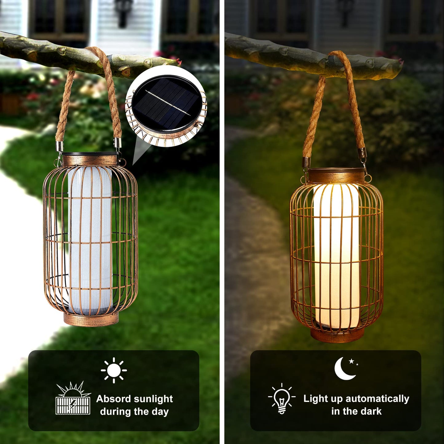baterysu Solar Lantern - Waterproof LED Hanging Light, Retro Metal, Bronze, Model HIA512.V7, Ideal for Outdoor Garden, Patio, Porch, Walkway