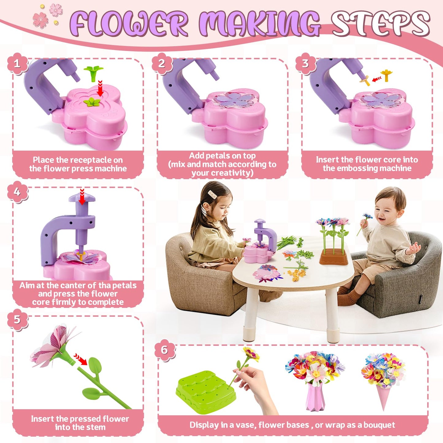 Fabric Flower Bouquets Toys – Mess-Free Flower Crafts for Kids & DIY Arts and Crafts for Child Ages 3 4 5 6 7 8 9+, No Glue Needed, Fun Early Educational STEM Gift for Birthdays, Christmas, Holidays