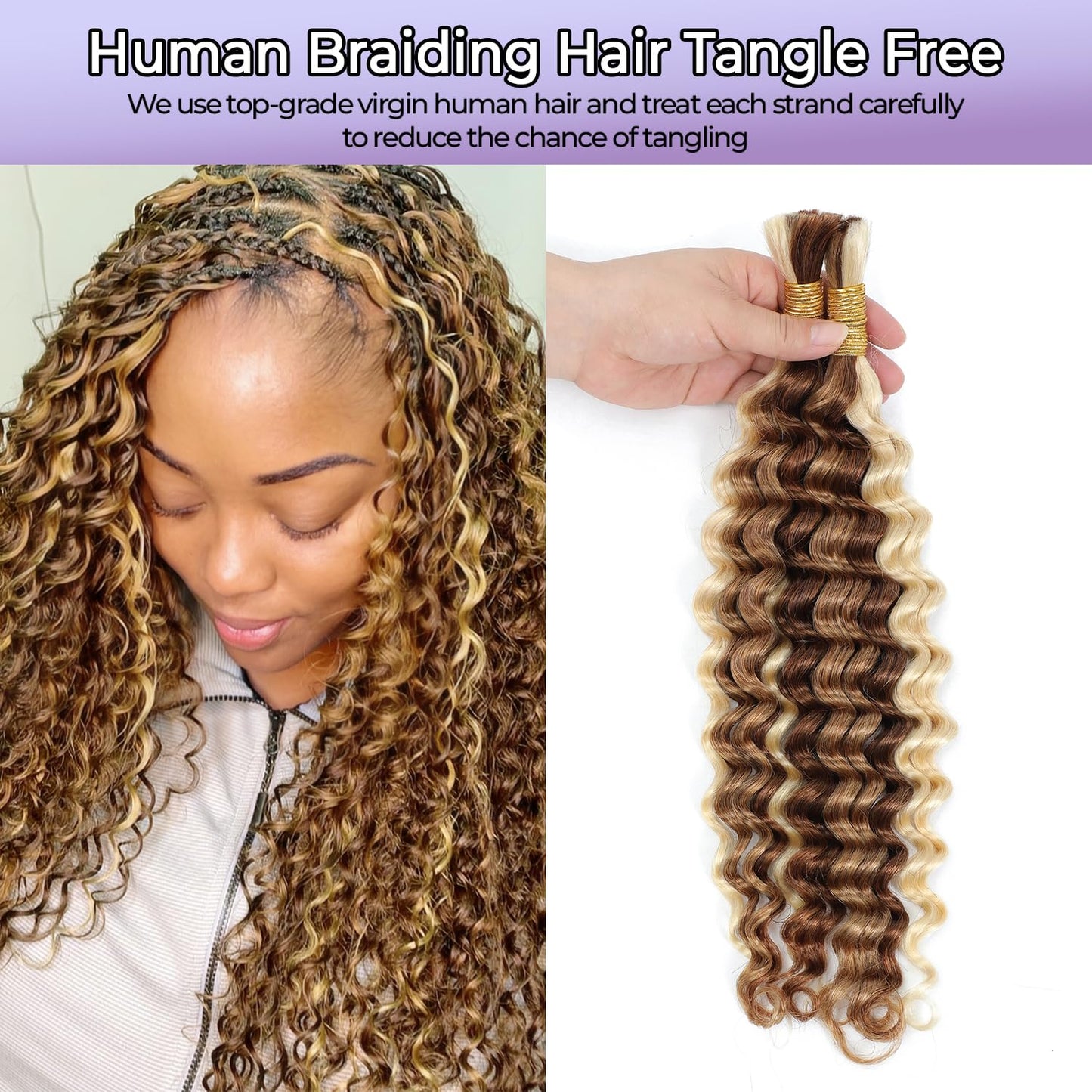 DSEKCAIN P27/30/613 Human Braiding Hair for Boho Braids Highlight Brown Blonde Deep Wave Bulk Human Hair for Braiding Crochet Cu