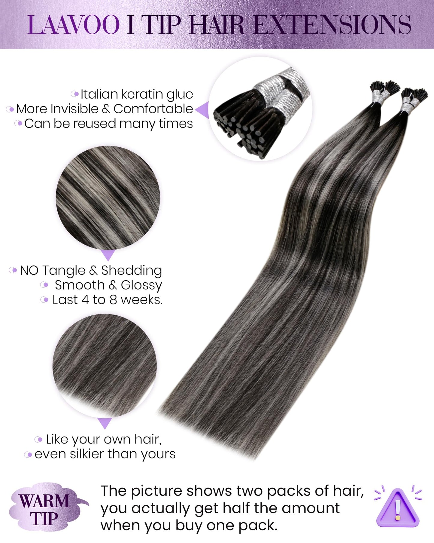 LaaVoo I Tip Hair Extensions Human Hair Balayage Black Mix Silver Grey Itip Human Hair Extensions Black I Tips Hair Extensions R
