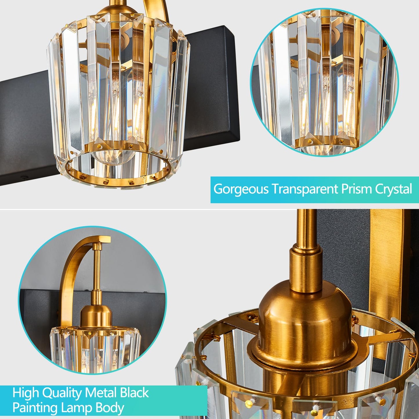 Fdpby Modern Bathroom Vanity Light  3-Light Black Gold Wall Sconce With Crystal Accents  Over Mirror Bathroom Lighting Fixture  23.62 Long Dimmable Vanity Lamp For Makeup  Easy Installation