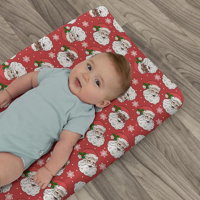 Christmas Santa Claus Snowflakes Baby Changing Pad Covers for Boy Girl Cute Red Santa Fir Leaves Fitted Changing Table Cover Mats Winter Holiday Festive Soft Diaper Change Table Sheets 32''×16''