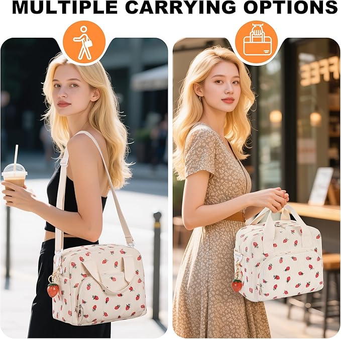Large Lunch Bag for Women Strawberry Insulated Lunch Box Reusable Cooler Bag Portable Cute Corduroy Leakproof Tote Bags with Keychain for Travel, Work, and Picnic