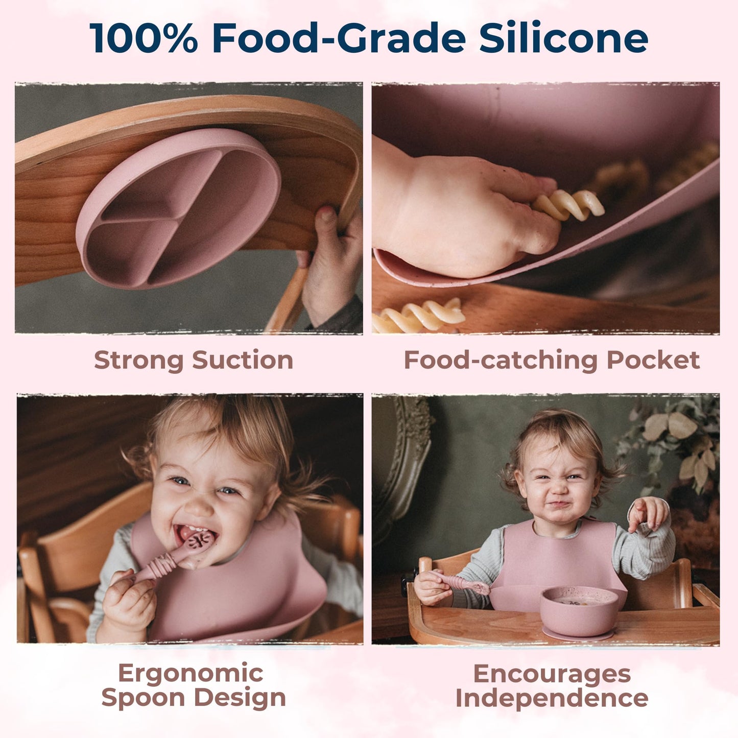 BPA-Free Silicone Baby Feeding Set – Baby Utensils 6–12 Months, Suction Plate & Bowl, Cup, Bib & Training Spoons | Food Grade Silicone, Dishwasher Safe Baby Eating Set