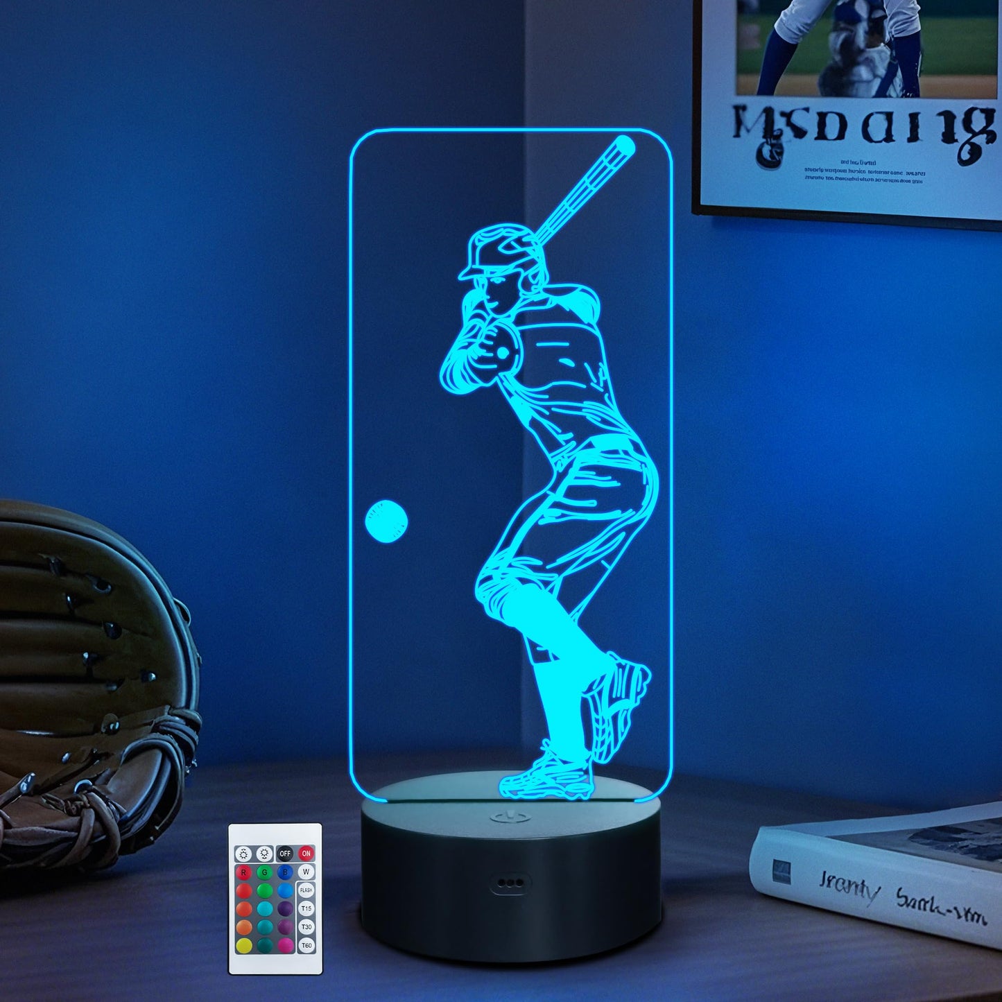 CoolGift Mart 3D LED Baseball Night Light with Remote Control, Acrylic, Multicolor, Model FS-2810-9999