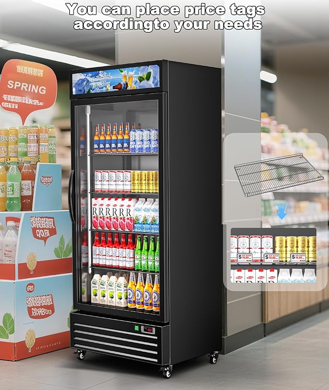 Tylza Commercial Refrigerator with Glass Door Display Beverage Fridge, 21.2 Cu Ft Upright Beverage Cooler Merchandiser with Rebound Door, Fast Cooling, Low Noise, Black