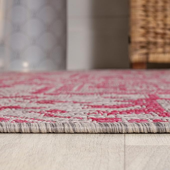 JONATHAN Y SMB105F-3 Estrella Bohemian Medallion Textured Weave Indoor Outdoor Area Rug, Coastal,Traditional,Transitional Easy Clean,Bedroom,Kitchen,Backyard,Patio,Non-Shed, Light Gray/Fuchsia, 3 X 5