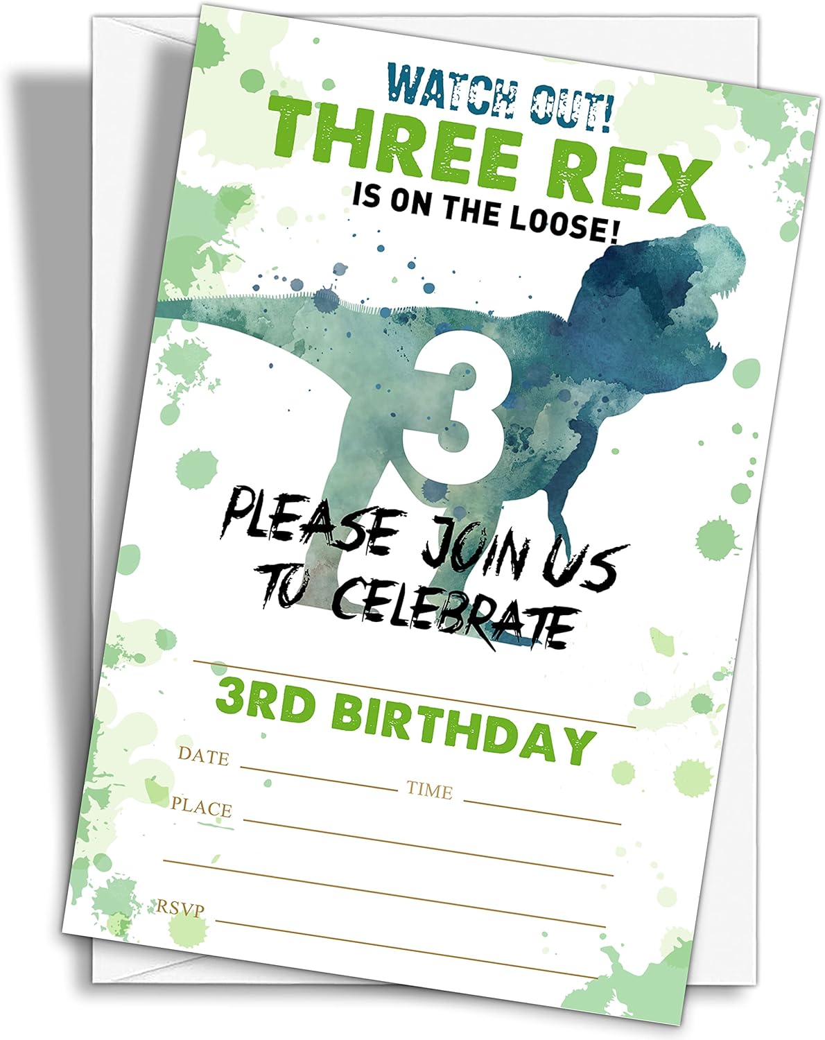 Dinosaur 3rd Birthday Party Invitations, 20-Count Dinosaur Three Rex Birthday Party Invites With Envelopes-HBYQK-B54