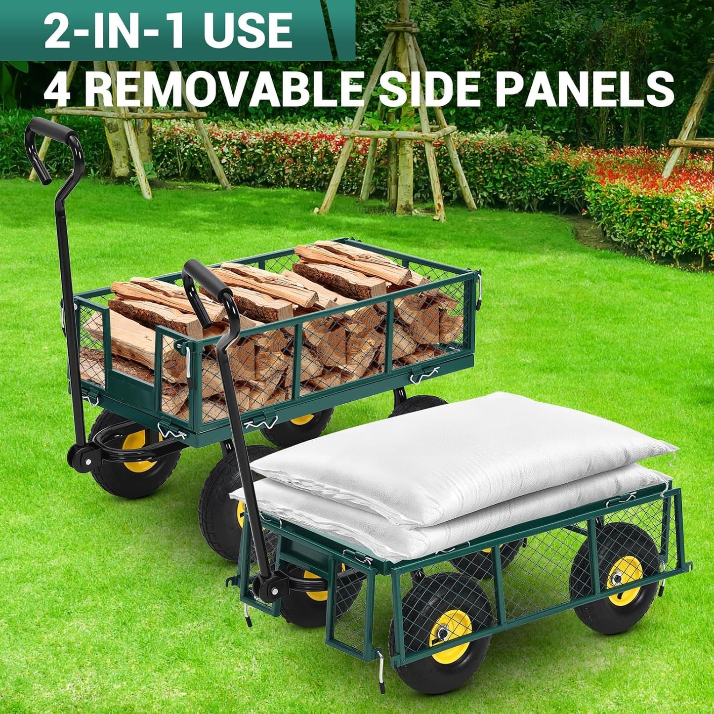 Heavy Duty Steel Garden Cart, 550 LBS 3 in 1 Pullable Metal Garden Wagon with 10" Wheels, 180° Rotating Handle and Removable Sides for Farm, Yard