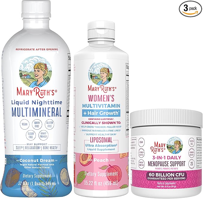 MaryRuth Organics Women's MultivitaminLustriva Hair Growth, Menopause Support, & Daily Liquid Multimineral, 3-Pack Bundle for Hair Support, Skin Health, Immune Support, Gut Health, and Sleep Support