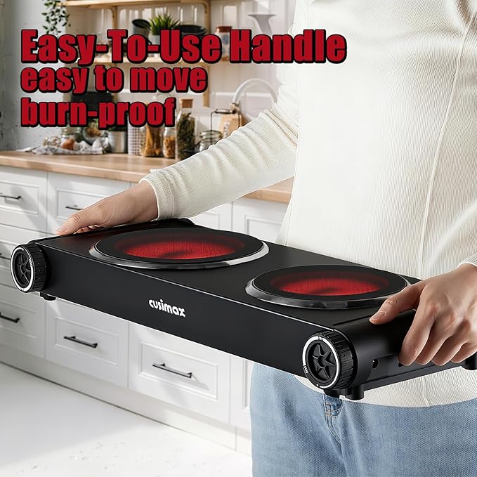 CUSIMAX Hot Plate for Cooking,1800w Double Infrared Burner,Portable Electric Stove with Adjustable Temperature Control,Ceramic Glass Hot Plate for Dorm Office Home Camp,Black Stainless Steel