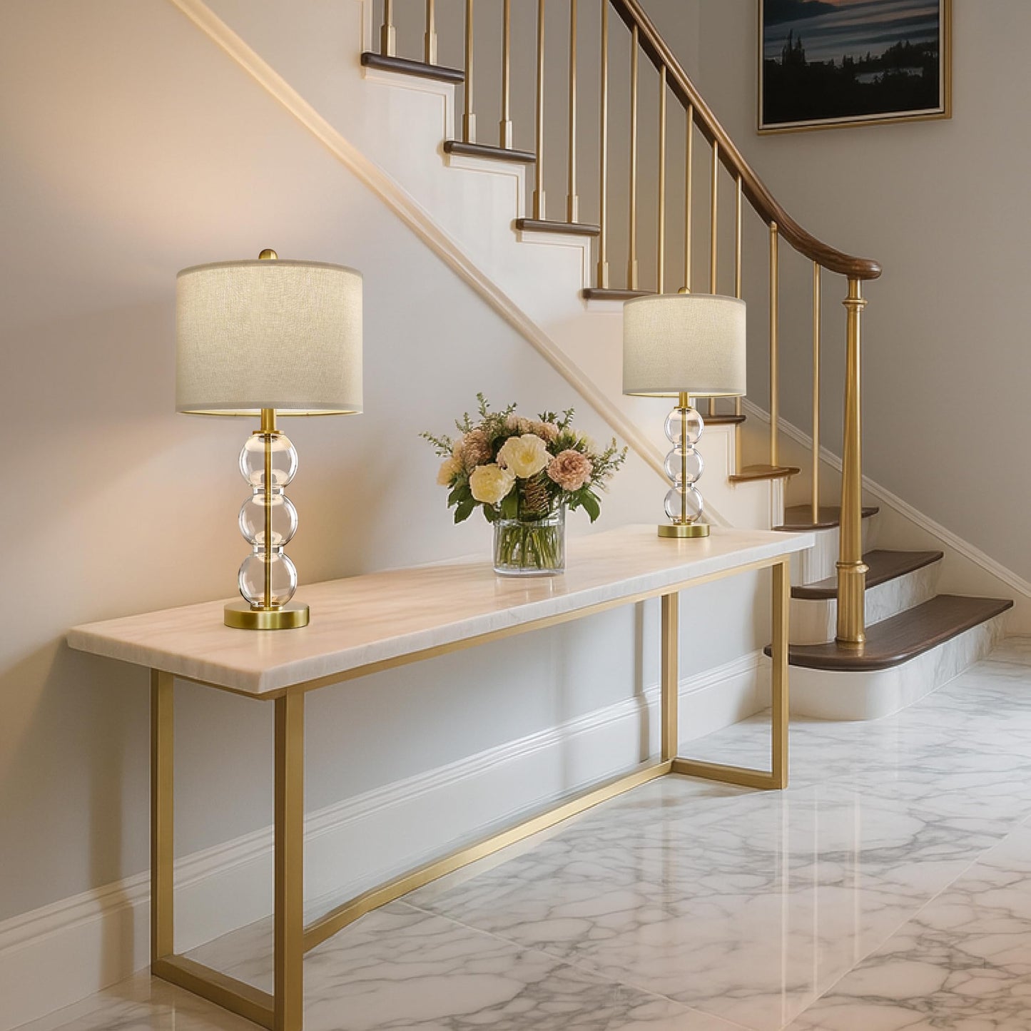 Oneach 24in Glass Table Lamps Set of 2, Gold, USB Ports, Linen Shade, Model OYS-AMZ-T1123GL-U