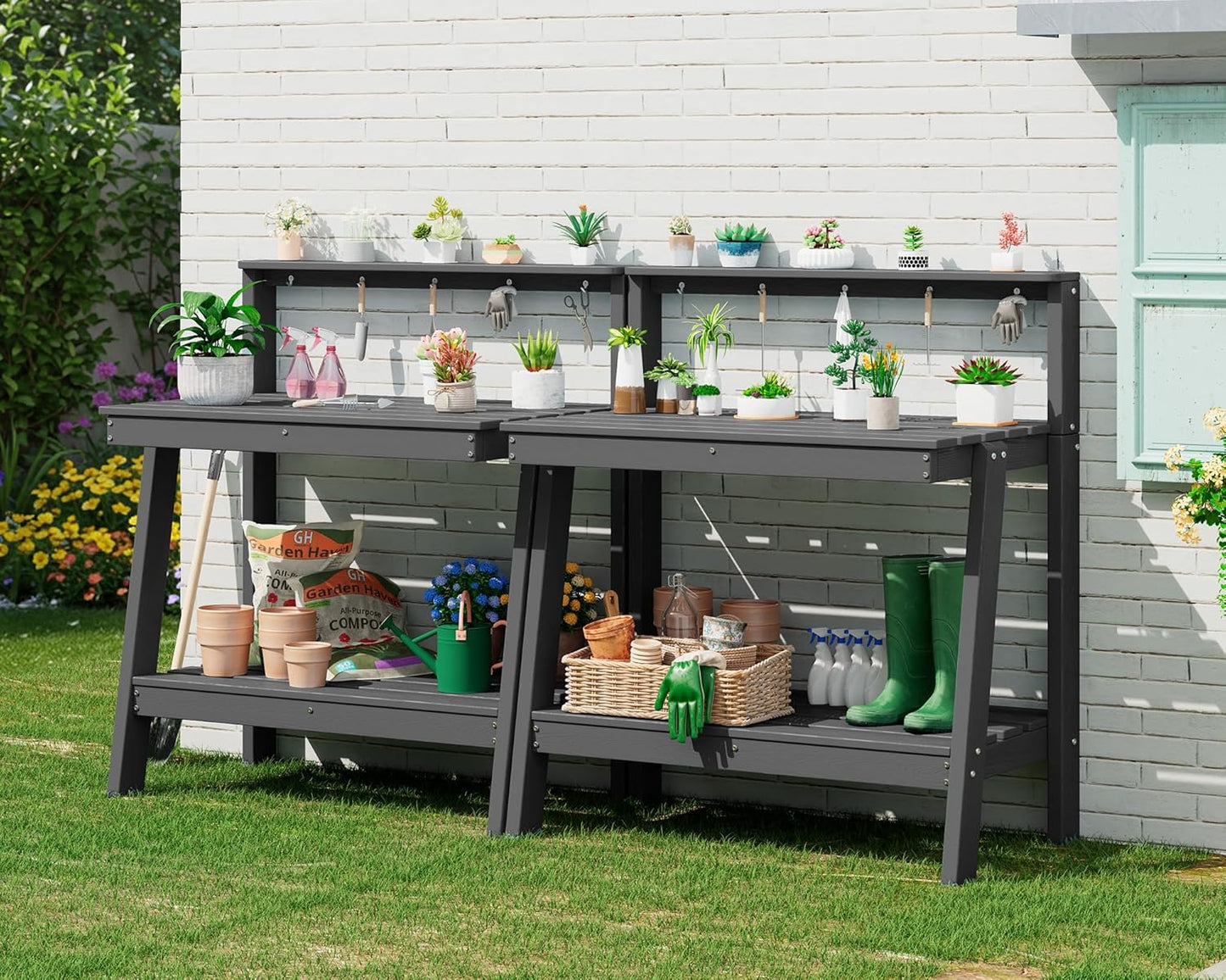 SERWALL Potting Bench Outdoor with Storage Set of 2, 3-Tier HDPE Gardening Table with Angled Legs & Tool Hooks, All-Weather Heavy Duty Potting Table for Patio, Backyard, Garden, Gray