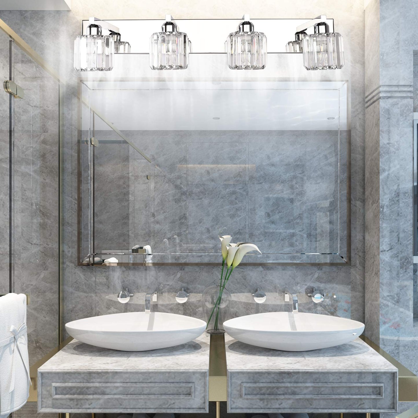 Aipsun Crystal Bathroom Vanity Light, 32 Chrome, Stainless Steel & K9 Crystal, Model 8460, 4 Lights (Bulbs Not Included)