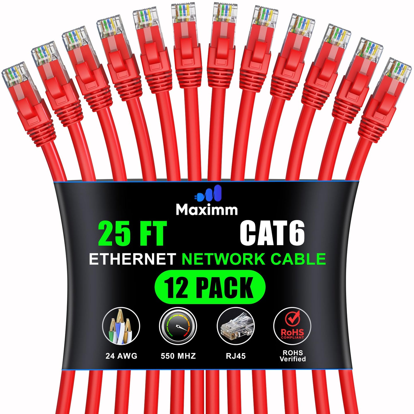 Maximm Cat 6 Ethernet Cable 25 Ft (12-Pack) - High-Speed Lan Cable, Internet Cable, Patch Cable, And Network Cable - Utp 10Gbps,