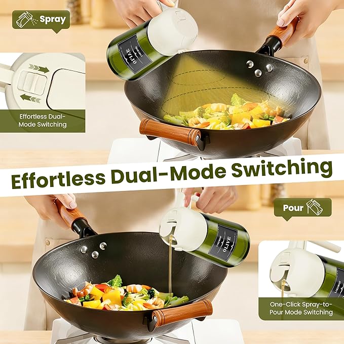 2 in 1 Oil Sprayer for Cooking 16oz, Green Light-Blocking Glass Olive Oil Dispenser Bottle, Food-Grade Oil Mister with 8 Stickers for Kitchen Salad Frying