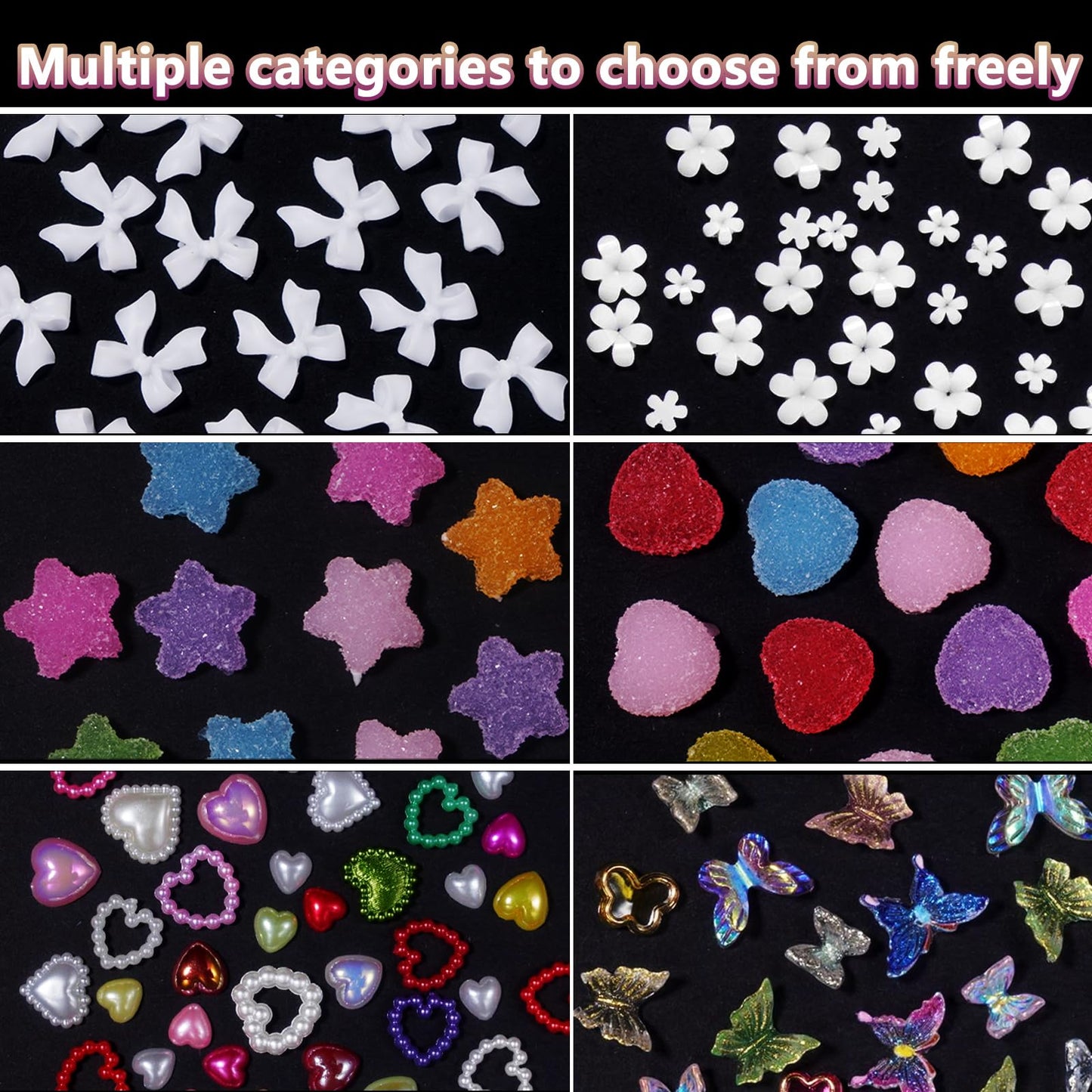 3D Pink White Black Assorted Bows Bears Pearls Nail Charms Heart Butterfly Blossom Flowers Bowknots Acrylic Nail Art Charms for