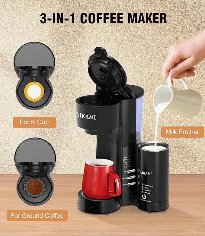 Single Serve Coffee Maker for K Cup & Ground Coffee with Milk Frother, 6 to 14 Oz Brew Sizes, Auto-Off Coffee Machine with Water Reservoir