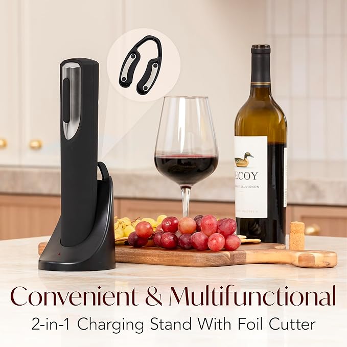 Rechargeable Electric Wine Bottle Opener - Charging Base and Foil Cutter Included with Automatic Wine Opener - Electric Corkscrew for Easy Cork Removal - Best Gift for Wine Lover (Black & Silver)