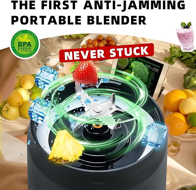 Portable Blender, Anti-Jamming 300 Watt for Shakes and Smoothies, 24oz Travel Blender USB Rechargeable, BPA Free Sporty bottle with a Travel Lid. (Black Base Grey Lid) (Black Base Green Lid)