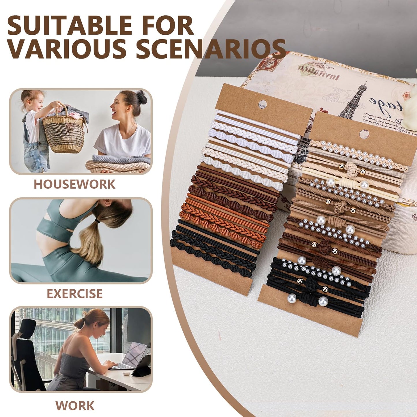 Hairties for women,40PCS Boho hair ties for thick or thin hair, black elastic bands, bracelets ponytail holders fo Mother's Day,