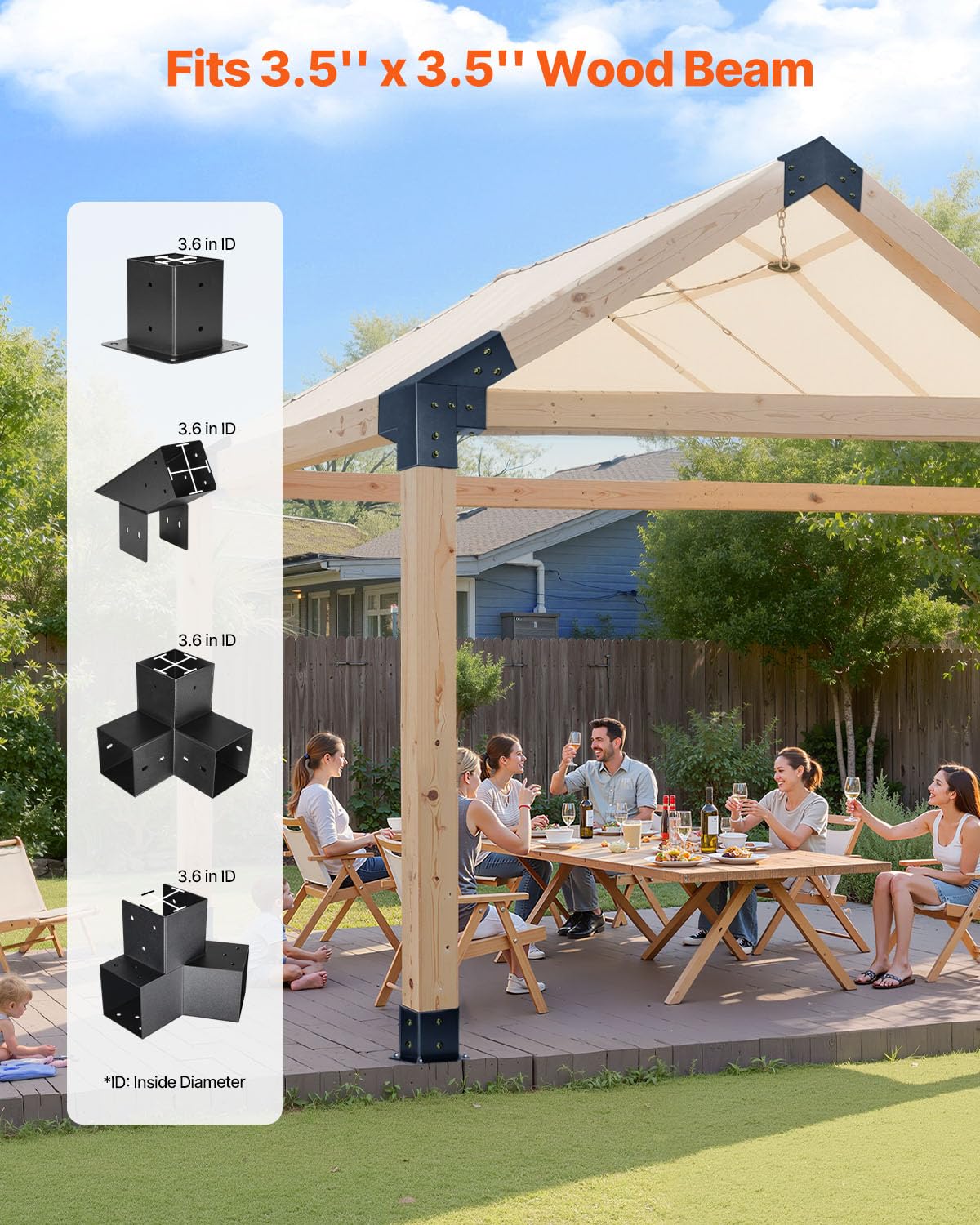 VEVOR Pergola Kit, Metal 4x4 Brackets for 3.5x3.5 Lumber, 14 Pcs, Black, Model SSAC14, 3-Way