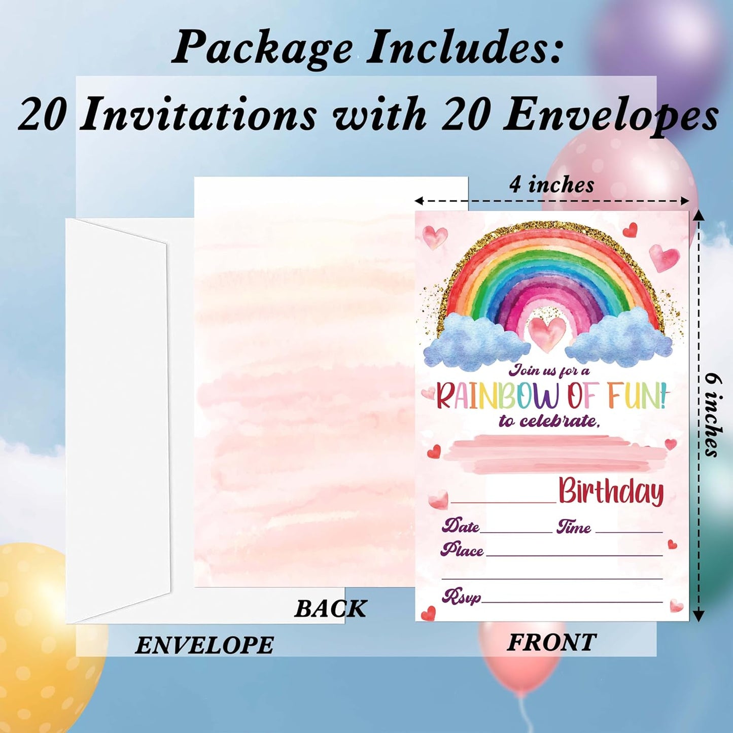 Rainbow Birthday Invitations, 20 Invitation Cards with Envelopes, Colorful Clouds Invites for Girl Party Decorations Favor Supplies - A09