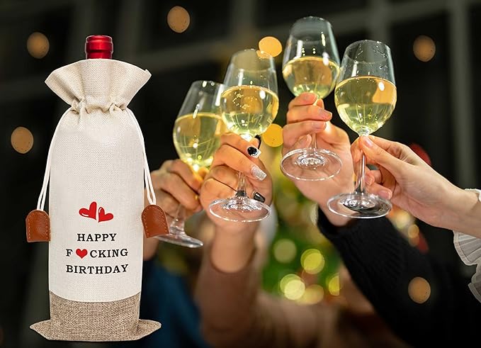 Funny Birthday Wine Bag, Cotton Linen Wine Gift Bag With Drawstring, Wine Champagne Bottle Gift Bag, Birthday Gifts Ideas for Men Woman Her Girl Friend Sister, Birthday Party Favors-34