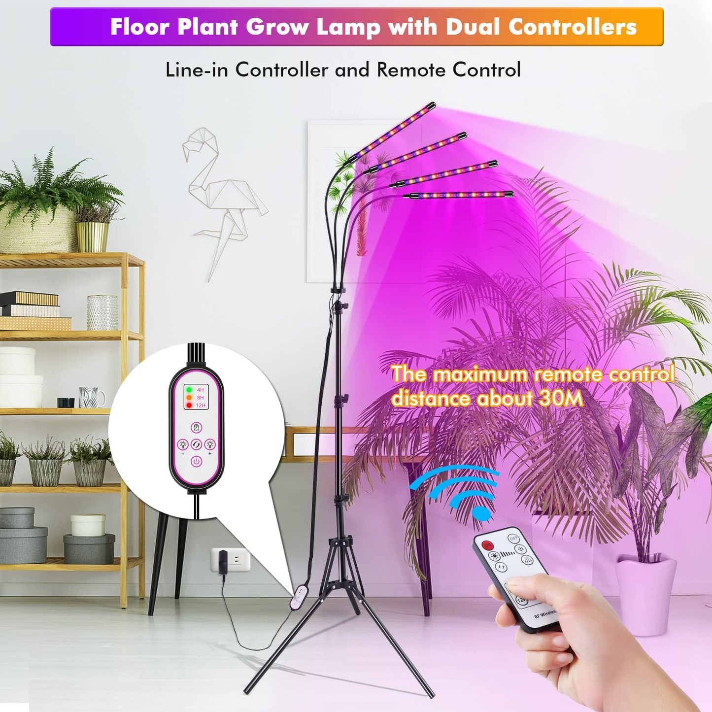 Felibeaco LED Plant Grow Light, Full Spectrum, Adjustable Stand (14in-63in), Floor UV Lamp, Black, Model FB-PGL-TS4