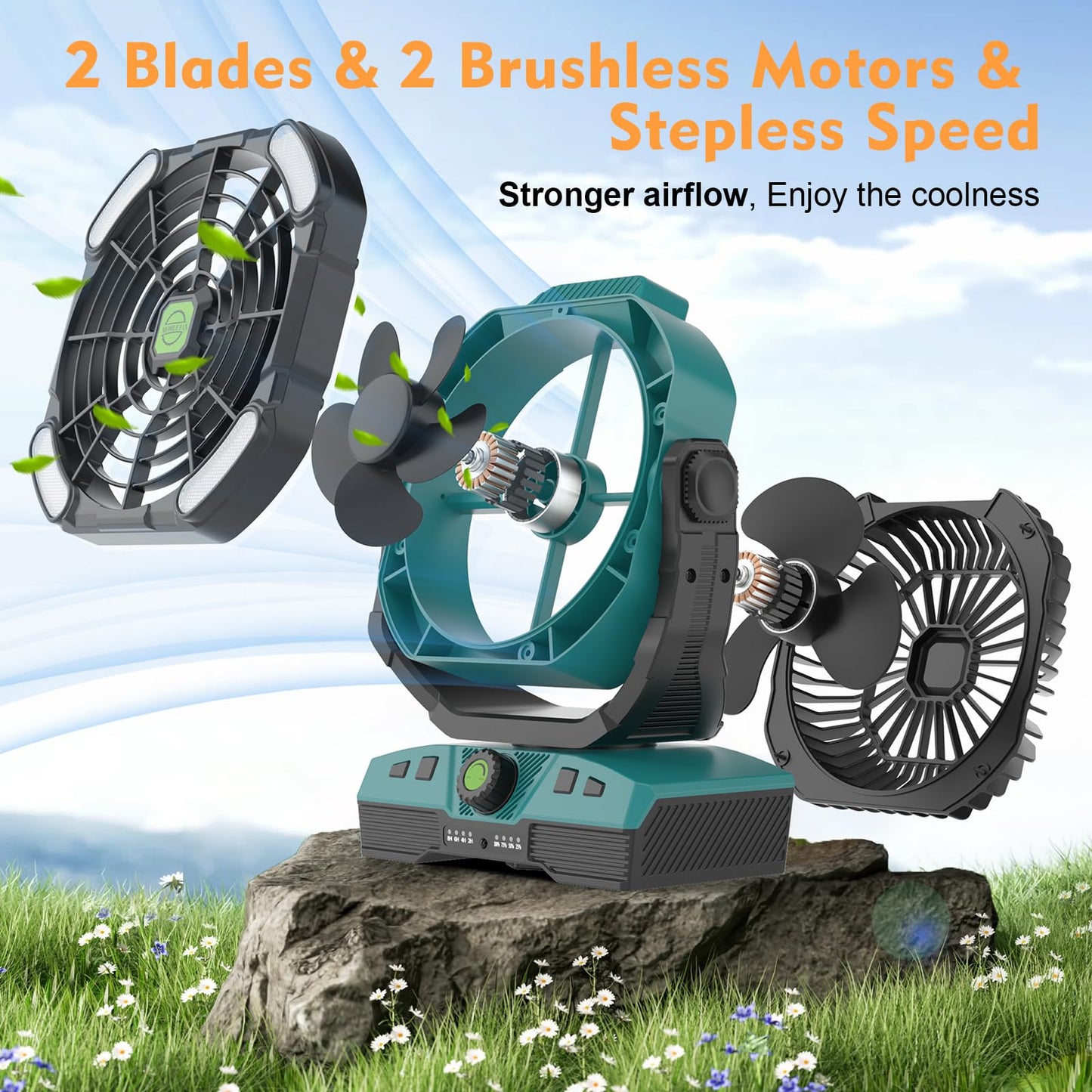 Runtop 20000Mah Camping Fan, Remote Control Oscillation Rechargeable Battery Operated Outdoor Tent Fan W/Hanging Hook, Stepless
