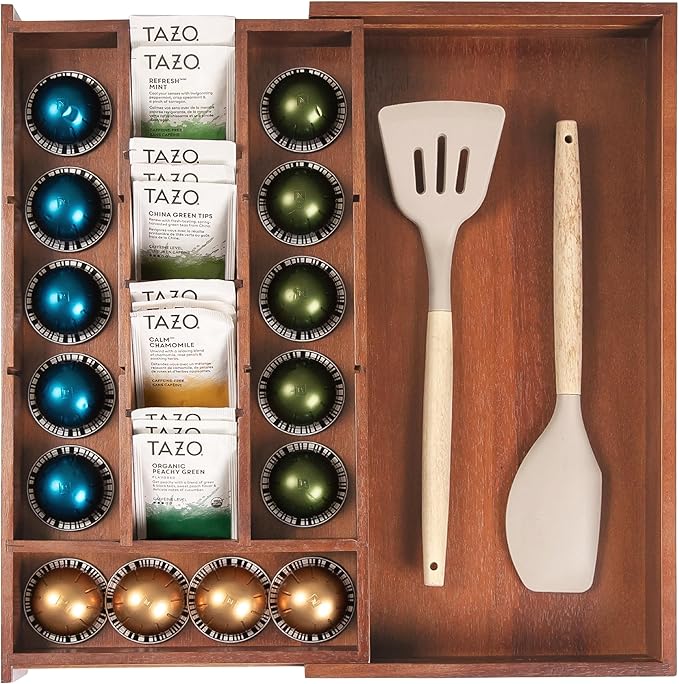 KitchenEdge Acacia Tea Bag and Coffee Pod Kitchen Drawer Organizer, Expandable 9.7 to 17 Inches, 10 Storage Compartments, Adjustable Wall Inserts, Non-Slip Feet, Food-Safe