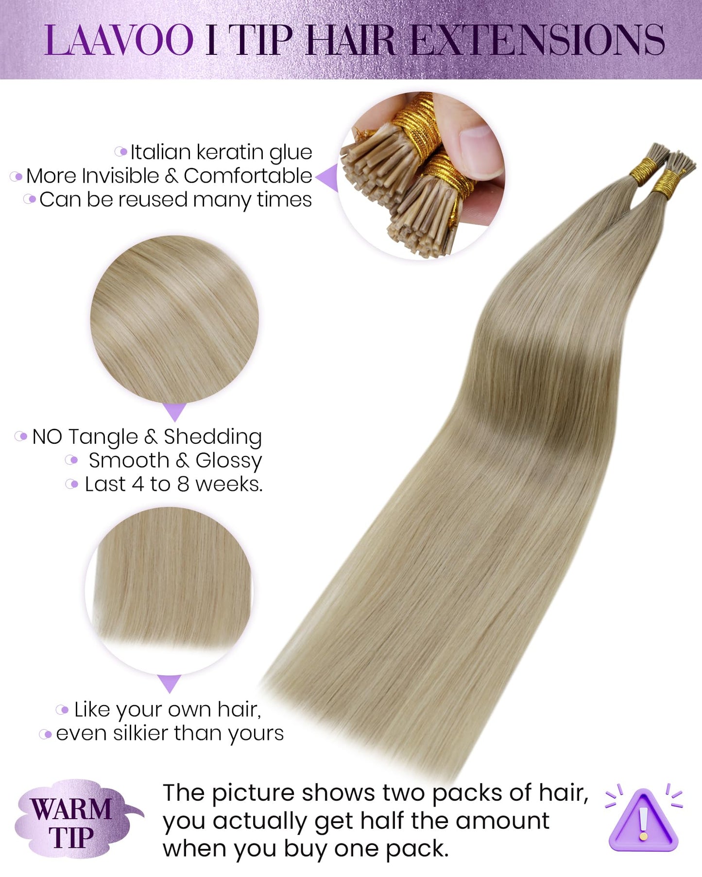 LaaVoo I Tip Hair Extensions Human Hair Light Blonde Highlights Golden Blonde Itip Human Hair Extensions 60s Blonde Itip Extensi