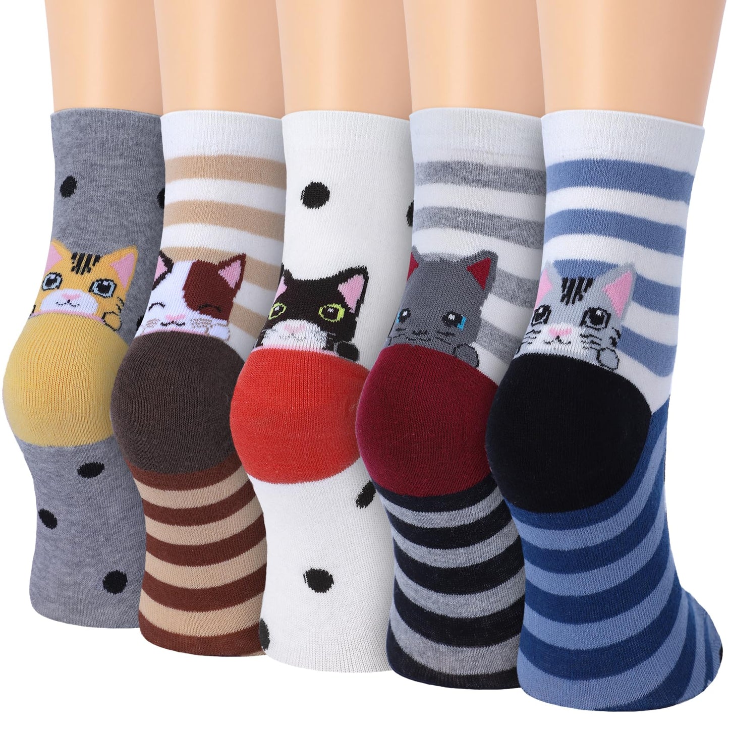 Cute Womens Dog Cat Novelty Animal Socks for girl Cartoon Cotton Casual Crew Funny Socks 5 Pairs, Cat style 2