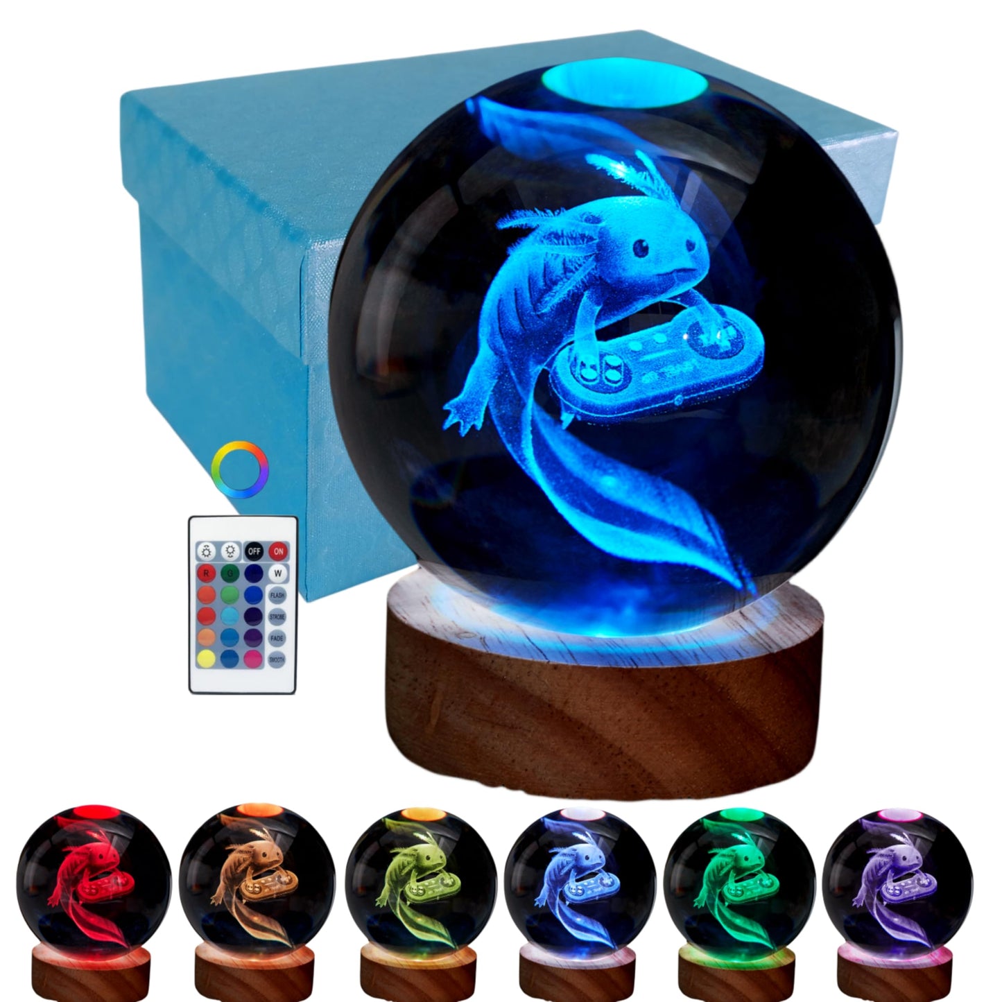 DIGFPWT Axolotl Crystal Ball Night Light, 3.15 Inch, 16 Color LED, Wooden Base, Gift Box Packing, Axolotl E