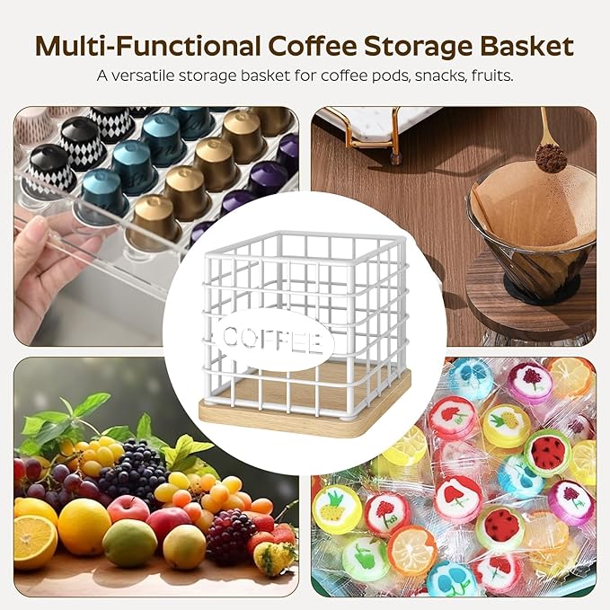 Coffee Pod Holder for K Cup, Large Capacity Coffee Pod Organizer, Versatile Coffee Capsule Storage Basket with Wooden Base, White KH10WN