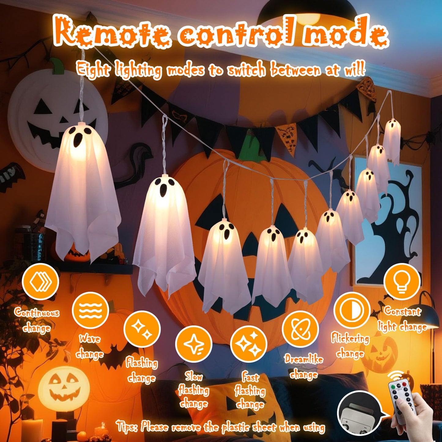 Tbgenius Halloween Ghost Decor  10Pcs Spooky Ghosts String Lights Battery Operated With Timer 8 Lighting Mode For Home Window Indoor Outdoor Halloween Party Decorations