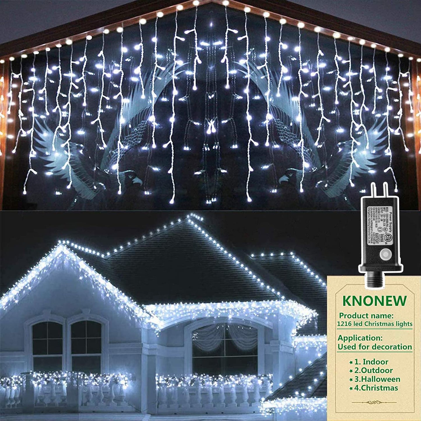 KNONEW Outdoor Decorative String Lights, 1216 LED, 99ft, 8 Modes, Plastic, Cool White