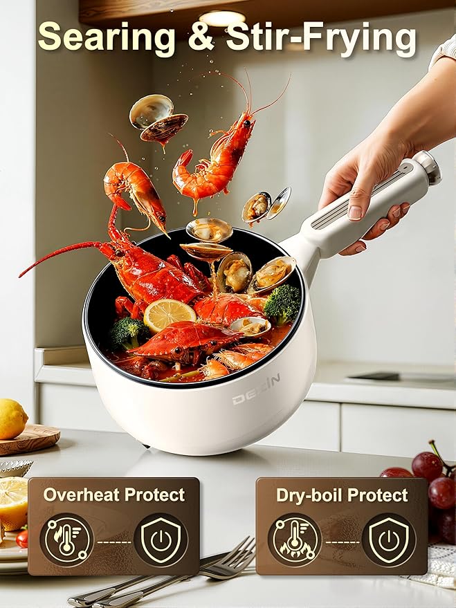 Dezin Electric pot with Steamer, 2L Non-Stick Sauté Pan, 5-in-1 Multifunctional Hot Pot Electric for Steak, Fried Rice, Oatmeal, Soup, Dual Power Control, Portable Pot for Dorm, Office & Small Kitchen
