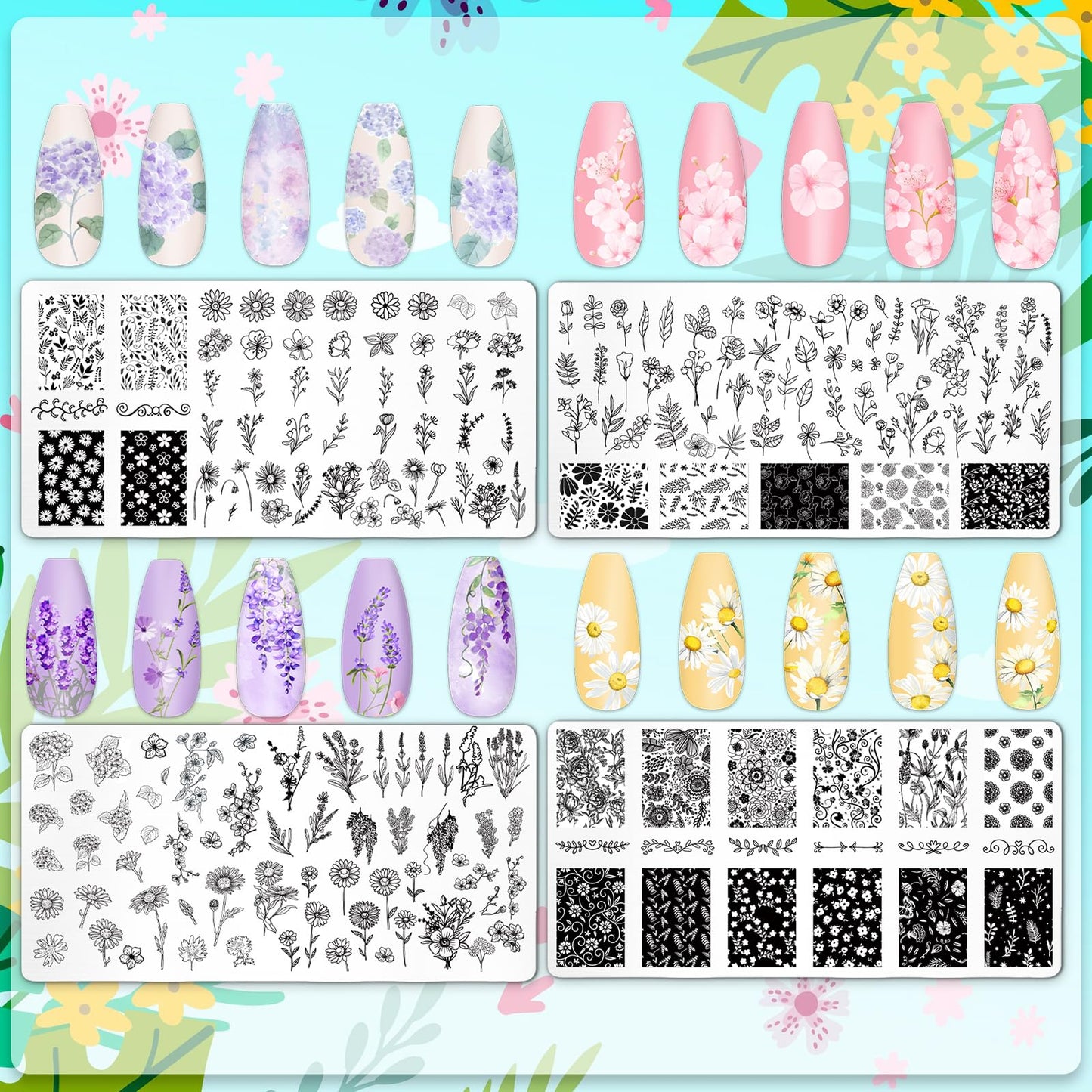 JarThenaAMCS 4Pcs Floral Nail Plates Stamping Set Spring Summer Flower Stamp Templates Nail Art Plates for DIY Print Manicure Sa