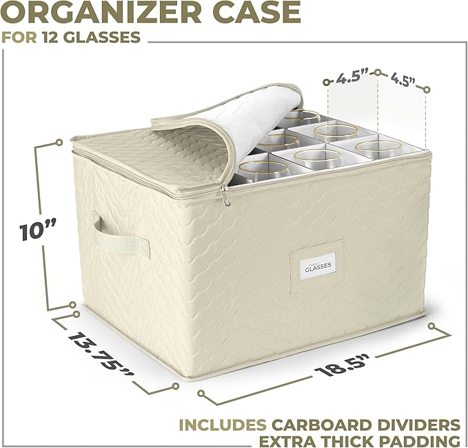 Sorbus Stemware Storage Cases (Quilted) Wine Glass Storage Box Case with Dividers and Handle - China Storage Containers Holds 12 Crystal Glassware, Red White Wine Glasses, Champagne Flutes, Goblets