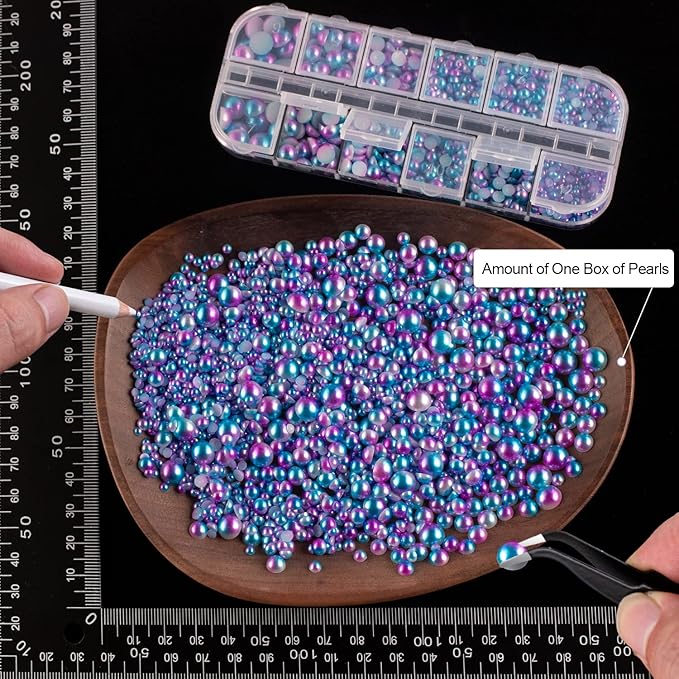 4000PCS Flatback Rhinestones and Half Round Pearls Kit #37, Multi Size Glass AB Crystals, Plastic Flat Back Blue Mermaid Dome Bead with Pickup Pencil and Tweezer for Nail Art